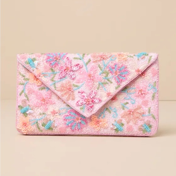 Lulus pink floral beaded clutch NWT - Picture 1 of 7